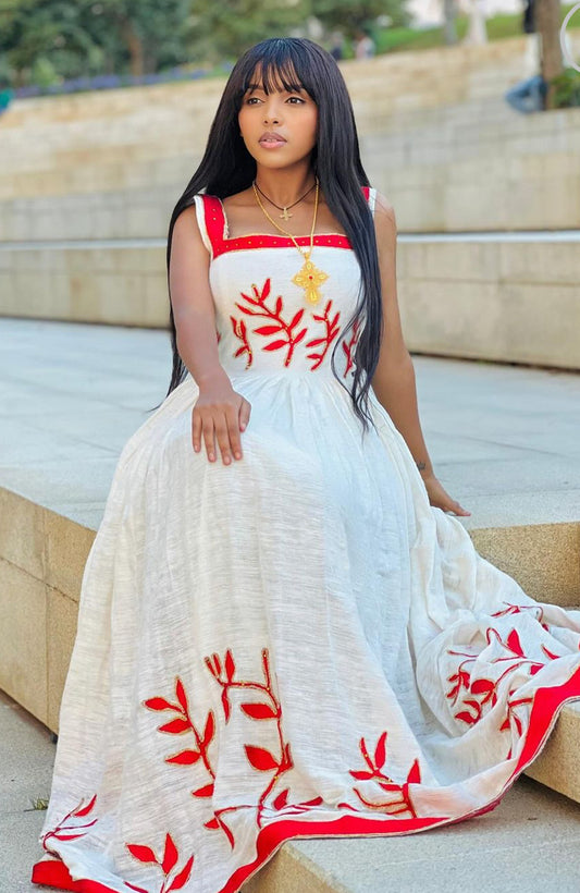 Red and white habesha clothing