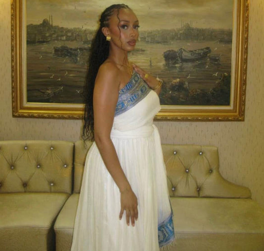 Blue and white colored  half shoulder Ethiopian cultural clothing