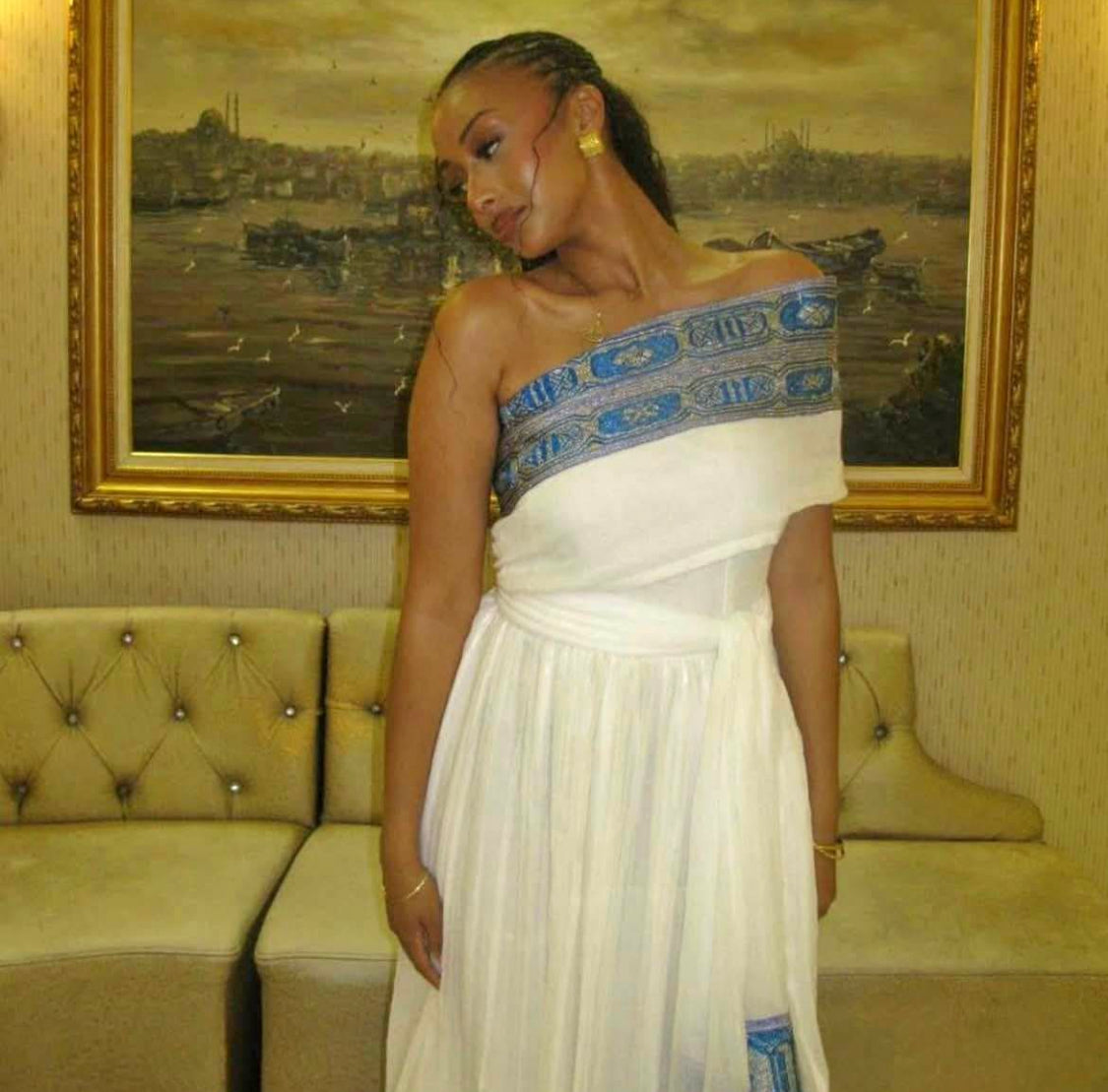 Blue and white colored  half shoulder Ethiopian cultural clothing